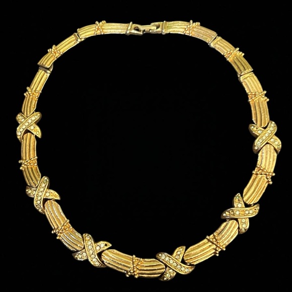 Vintage Jewelry - Vintage Rhinestone X Gold Tone Bar Link Collar Necklace